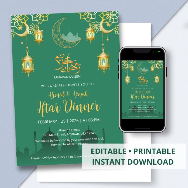 Luxus-Emeraldgrün und Gold-Moschee-Iftar-Dinner  Einladung (Von Creator hochgeladen)