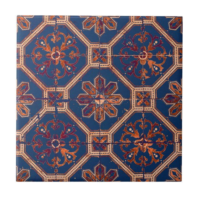 Luxus Ethnic Tile Muster | Blau und Orange Fliese (Vorderseite)