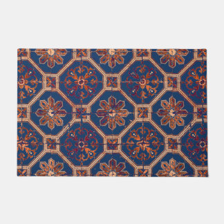 Luxus Ethnische Fliesenmuster | Blau und Orange Fußmatte
