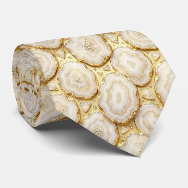 Luxus-Faux-Seide | Weiß + Gold-Geoden-Schlips Krawatte (Gerollt)