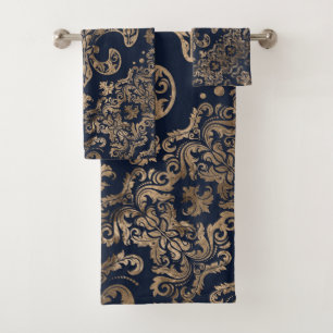 Luxus-Fleur-de-lis-Ornament - Gold und dunkelblau Badhandtuch Set