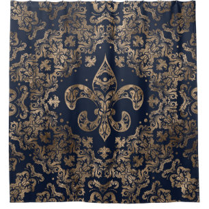 Luxus-Fleur-de-lis-Ornament - Gold und dunkelblau Duschvorhang