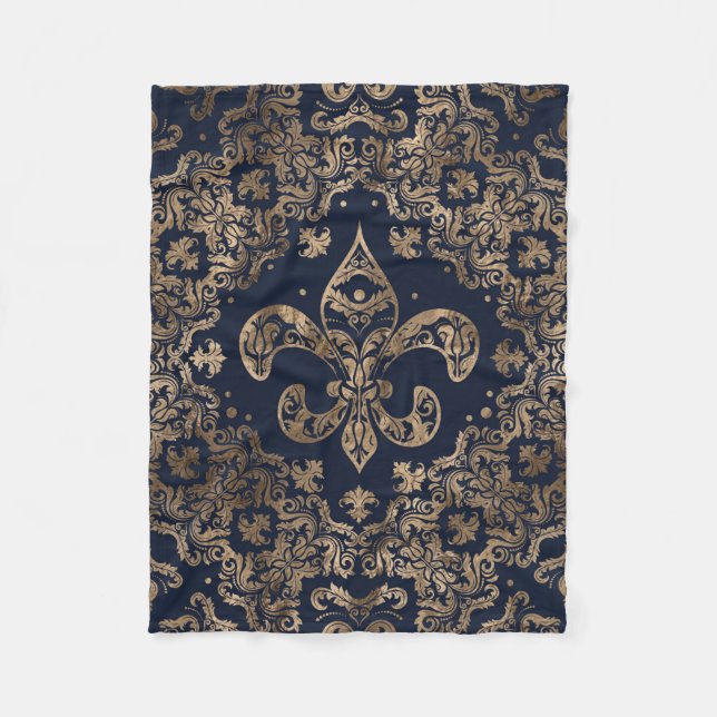 Luxus-Fleur-de-lis-Ornament - Gold und dunkelblau Fleecedecke (Vorderseite)