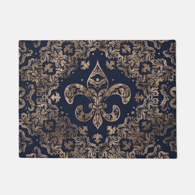 Luxus-Fleur-de-lis-Ornament - Gold und dunkelblau Fußmatte (Vorderseite)
