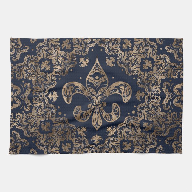 Luxus-Fleur-de-lis-Ornament - Gold und dunkelblau Geschirrtuch (Horizontal)
