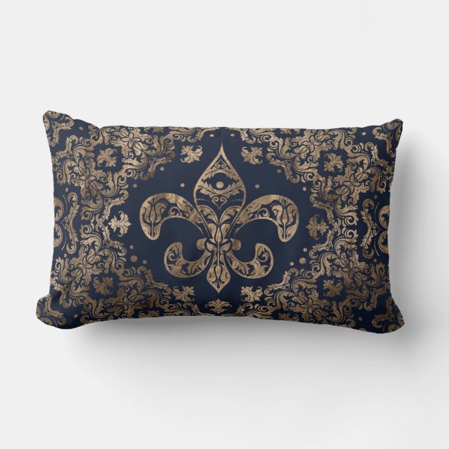 Luxus-Fleur-de-lis-Ornament - Gold und dunkelblau Lendenkissen (Vorderseite)