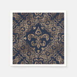 Luxus-Fleur-de-lis-Ornament - Gold und dunkelblau Serviette