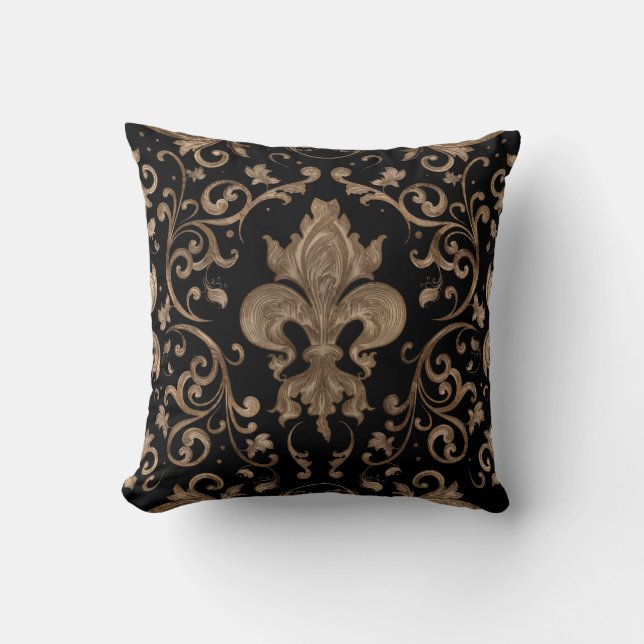 Luxus Fleur-de-lis-Ornament - Schwarz und Gold Kissen (Vorderseite)
