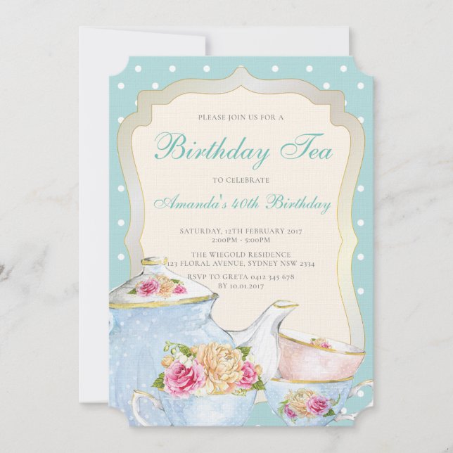 Luxus Floral Birthday Tea Party Polka dot Einladung (Vorderseite)