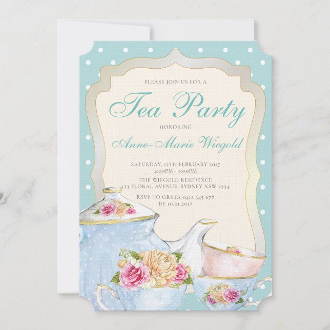 Luxus Floral Tea Party Polka dot Einladung (Vorderseite)
