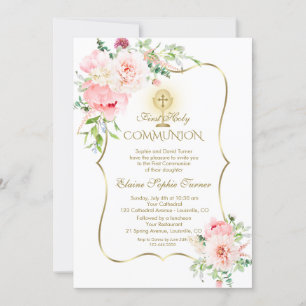 Luxus Frühlings-Rosé Floral Gold Erste Kommunion Einladung