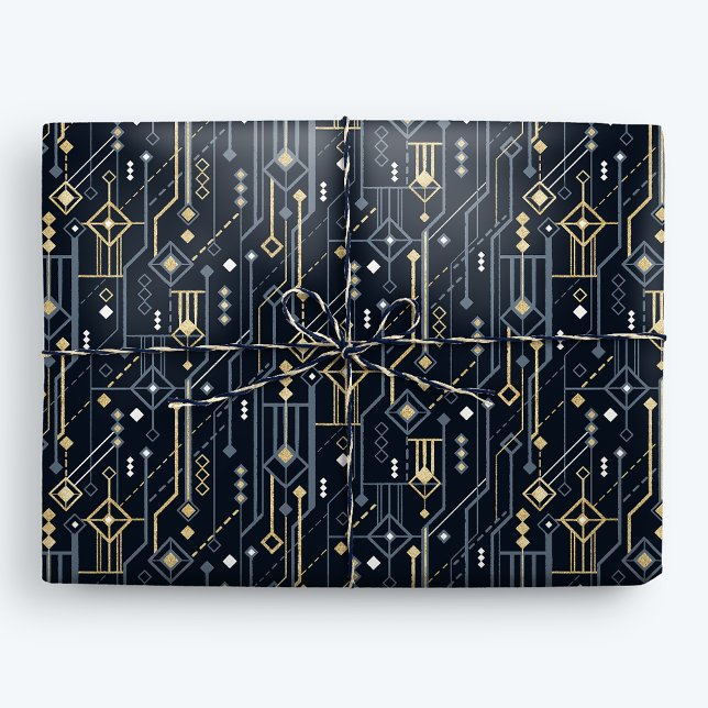 Luxus Geometric Blue und Gold Art Deco Geschenkpapier (Von Creator hochgeladen)