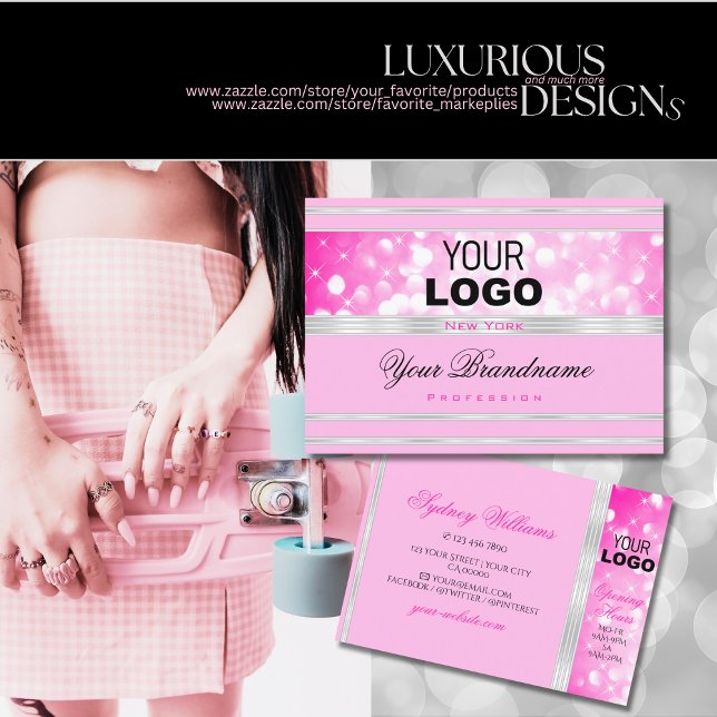 Luxus Girly Pink Glitzer Logo Silver Border Visitenkarte (Von Creator hochgeladen)
