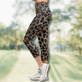 Luxus-Glitter-Braun-Schwarz-Gold-Leopardenmuster Capri Leggings