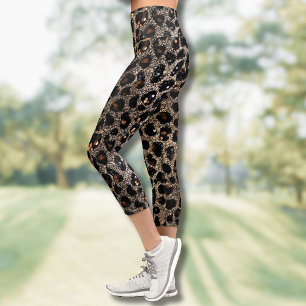 Luxus-Glitter-Braun-Schwarz-Gold-Leopardenmuster Capri Leggings