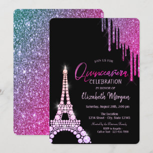 Luxus Glitter-Drips Eiffelturm Quinceañera Einladung
