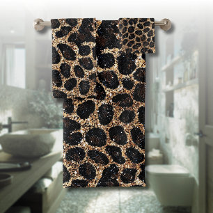 Luxus Glitter Gold Braun Schwarz Leopard Muster Badhandtuch Set