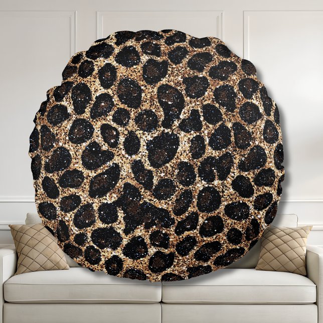 Luxus Glitter Gold Braun Schwarz Leopard Muster Rundes Kissen (Von Creator hochgeladen)