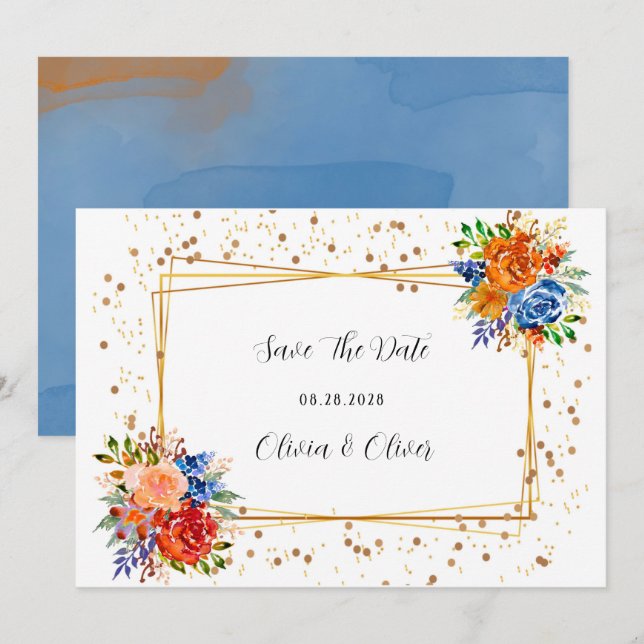 Luxus-Glitzer Blue Orange Floral Save the Date (Vorne/Hinten)