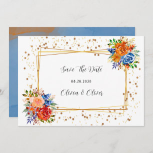 Luxus-Glitzer Blue Orange Floral Save the Date