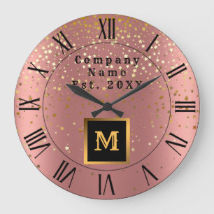 Luxus Glitzer Gold Pink Stars Mit Monogramm Große Wanduhr