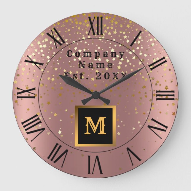 Luxus Glitzer Gold Pink Stars Mit Monogramm Große Wanduhr (Vorderseite)