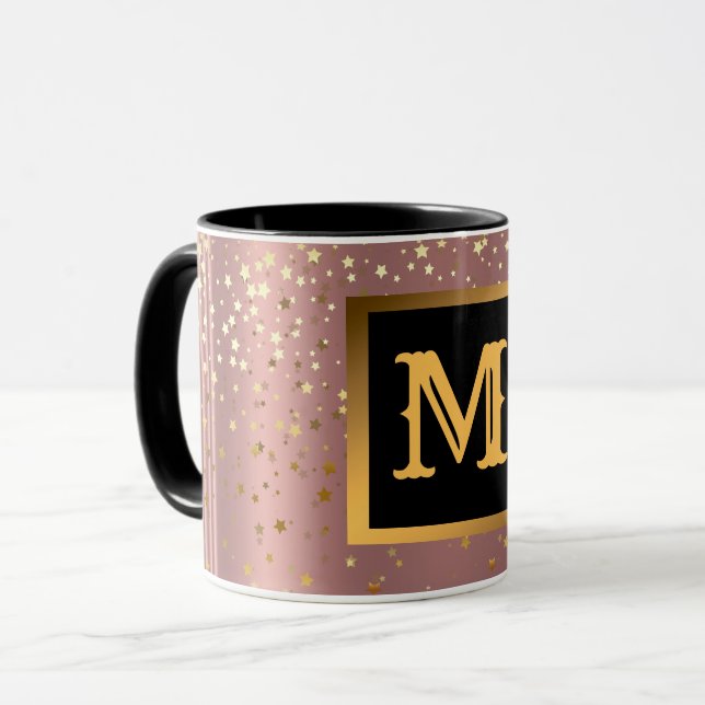 Luxus Glitzer Gold Pink Stars Mit Monogramm Tasse (Vorderseite Links)