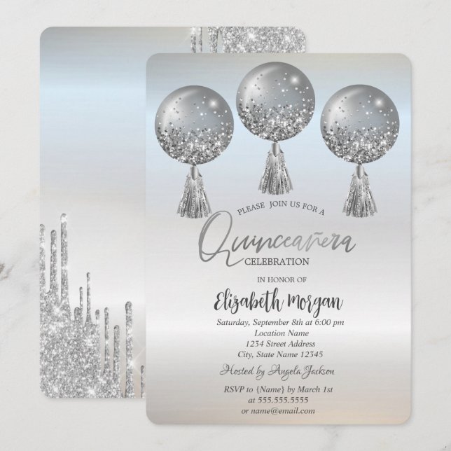 Luxus Glitzer Tropfen Balloons Silver Quinceañera Einladung (Vorne/Hinten)