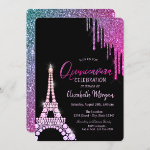 Luxus Glitzer Tropfen Eiffel Tower Quinceñera Einladung