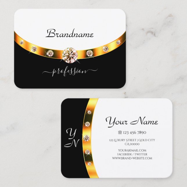 Luxus Gold Black and White Initials Rhinestones Visitenkarte (Vorne/Hinten)