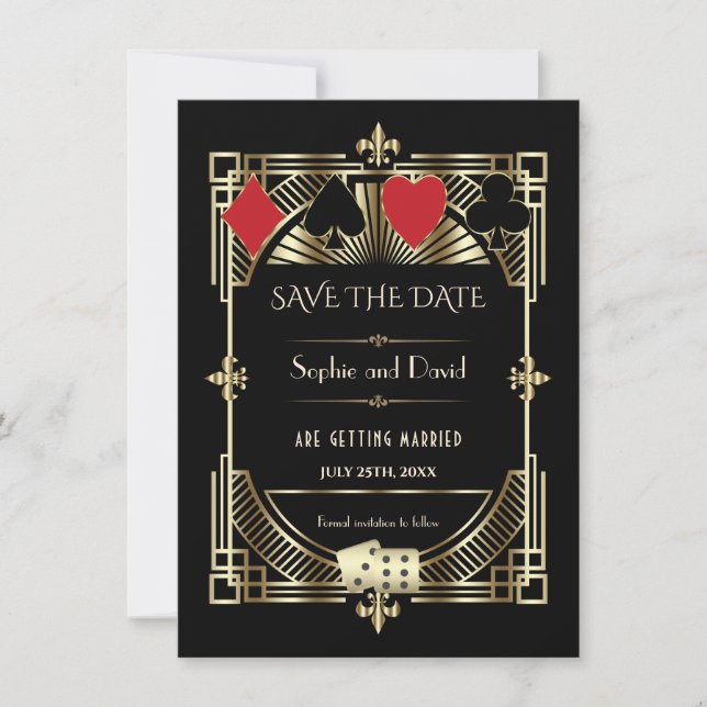 Luxus Gold Black Art Deco Roaring 20er Hochzeit Save The Date (Vorderseite)