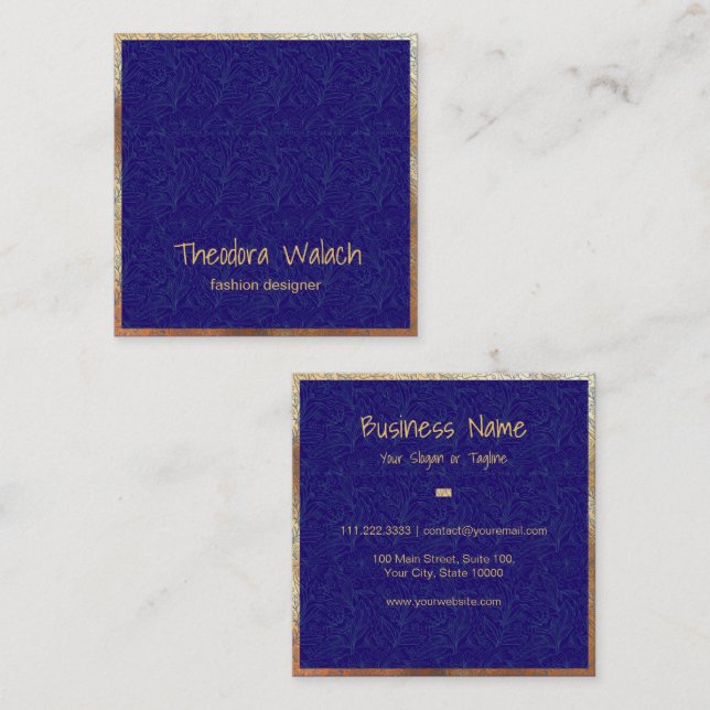Luxus Gold Blue Floral Beruflich Quadratische Visitenkarte (Vorne/Hinten)