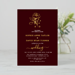Luxus-Gold-Blumen-Hochzeit in Tiefem Burgund mit M Folieneinladung