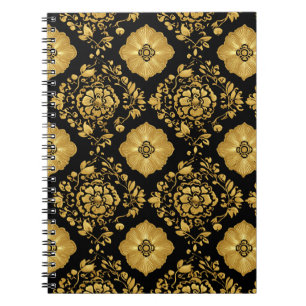 Luxus-Gold-Blumendamask-Muster auf Schwarz Notizblock