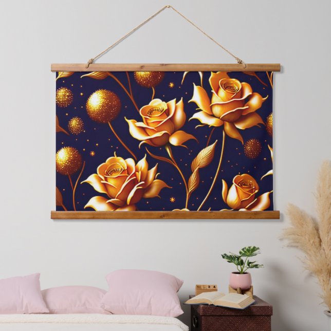 Luxus Gold Boho Rose Moderne Kollektion Wandteppich Mit Holzrahmen (Schlafzimmer)