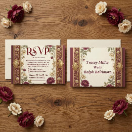 Luxus Gold-Burgunder-Rosen-Vintage-Hochzeit RSVP Karte