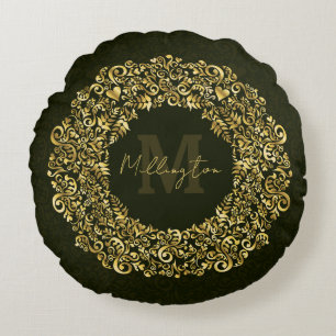 Luxus Gold Damask Monogram Rundes Kissen