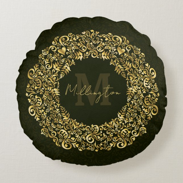 Luxus Gold Damask Monogram Rundes Kissen (Vorderseite)