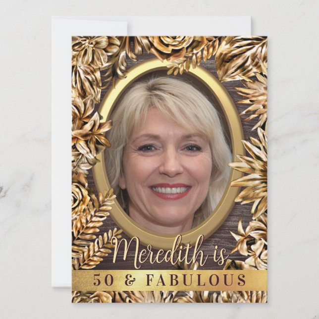 Luxus Gold Floral Custom Foto 50 und fabelhaft Einladung (Vorderseite)