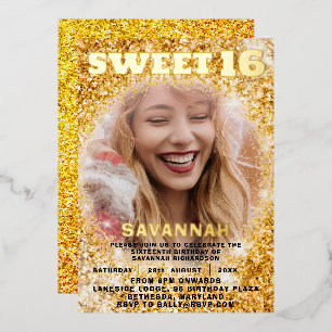 Luxus Gold Foil & Glitzer Foto Sweet 16 Party Folieneinladung