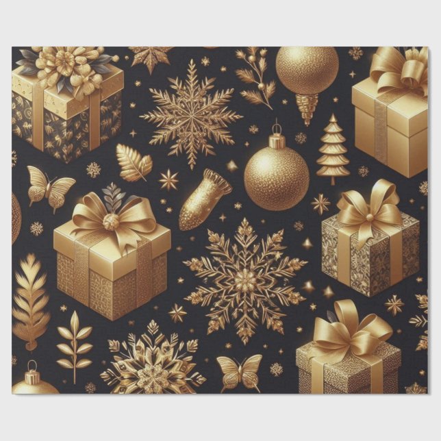 Luxus Gold Foil Stars & Ornaments Holiday Geschenk Geschenkpapier (Flach)