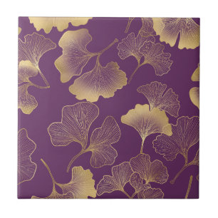 Luxus-Gold-Ginkgo-Blätter auf Tiefpurpur (4) Fliese