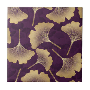 Luxus-Gold-Ginkgo-Blätter auf Tiefpurpur (8) Fliese