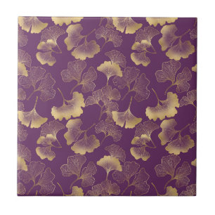 Luxus-Gold-Ginkgoblätter auf Tiefpurpur (7) Fliese