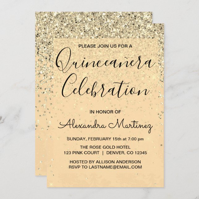 Luxus Gold Girly Glitzer Sparkle Quinceanera Einladung (Vorne/Hinten)