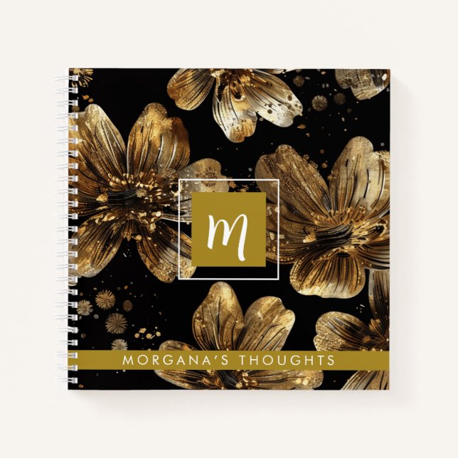 Luxus Gold Glitter Blumen Monogramm Quadrat Notizbuch (Vorderseite)