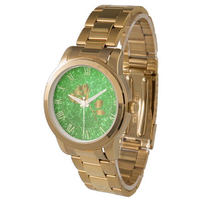Luxus Gold Glitzer Green Floral Geschenk Armbanduhr (Schrägansicht)