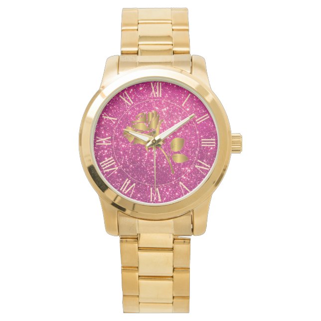 Luxus Gold Glitzer Pink Floral Geschenkuhr Armbanduhr (Vorderseite)