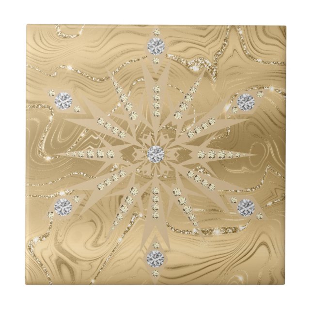 Luxus Gold Glitzer Snowflake & Diamond Muster Fliese (Vorderseite)
