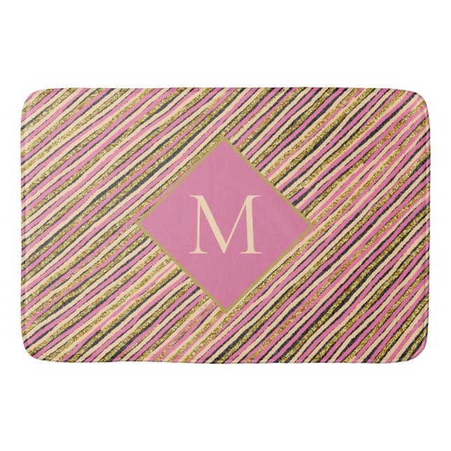 Luxus Gold Glitzer Sparkle Monogram Pink Streifen Badematte (Vorderseite)